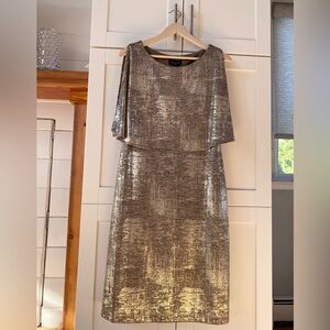 Connected Apparel Metallic Gold Open Shoulder Dress